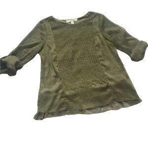 Krazy Kat Womens Roll Tab Sleeve Blouse W/ Lace Accents-Green-SM-GUC